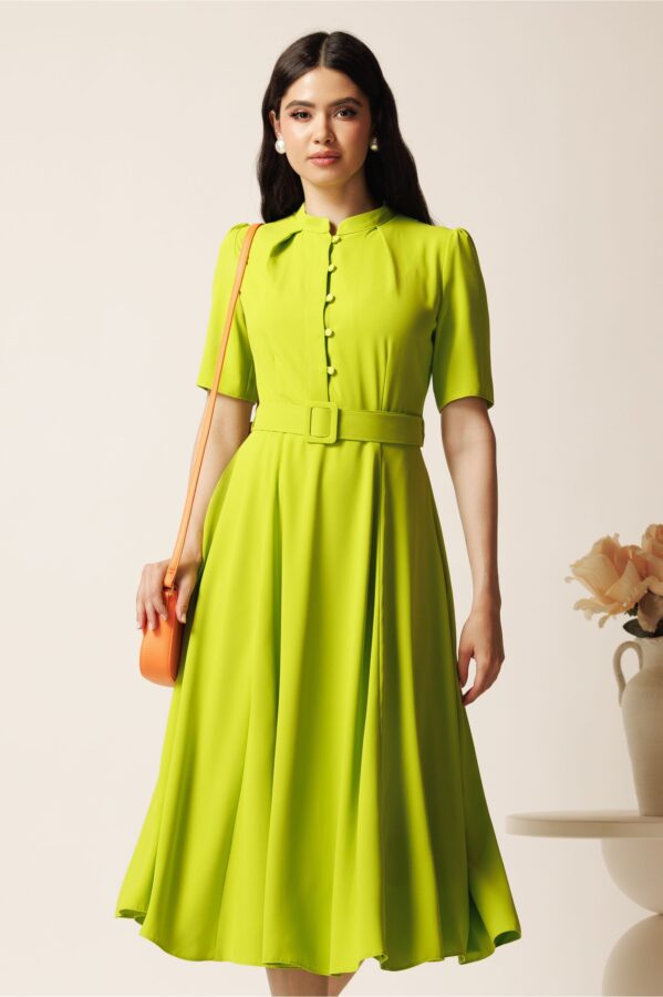 Rochie DY Fashion midi lime in clos din triplu voal cu nasturi la bust si curea in talie