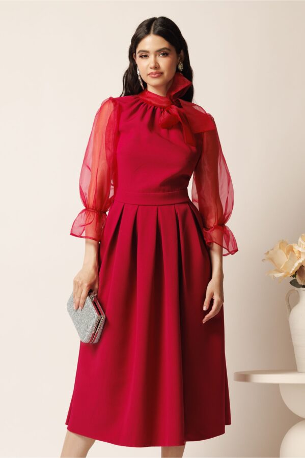 Rochie DY Fashion midi magenta din stofa in clos cu maneci si funda din organza