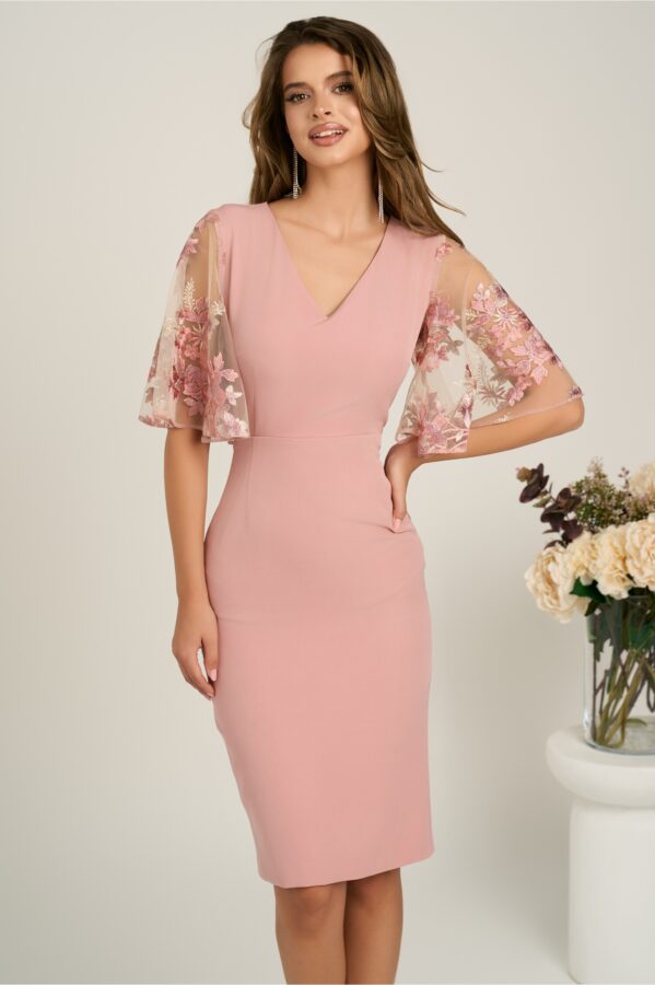Rochie DY Fashion midi roz din stofa conica cu maneci din dantela