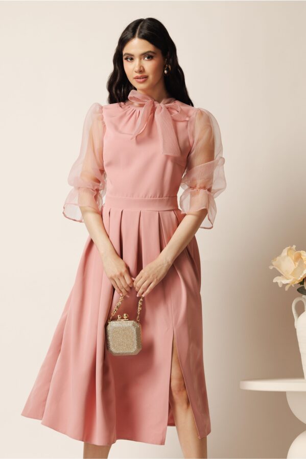 Rochie DY Fashion midi roz din stofa in clos cu maneci si funda din organza