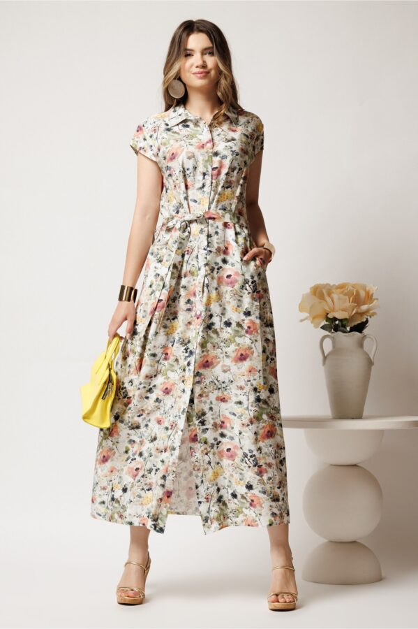 Rochie lunga de zi ivory cu flori verzi din in cu croi drept si cordon in talie