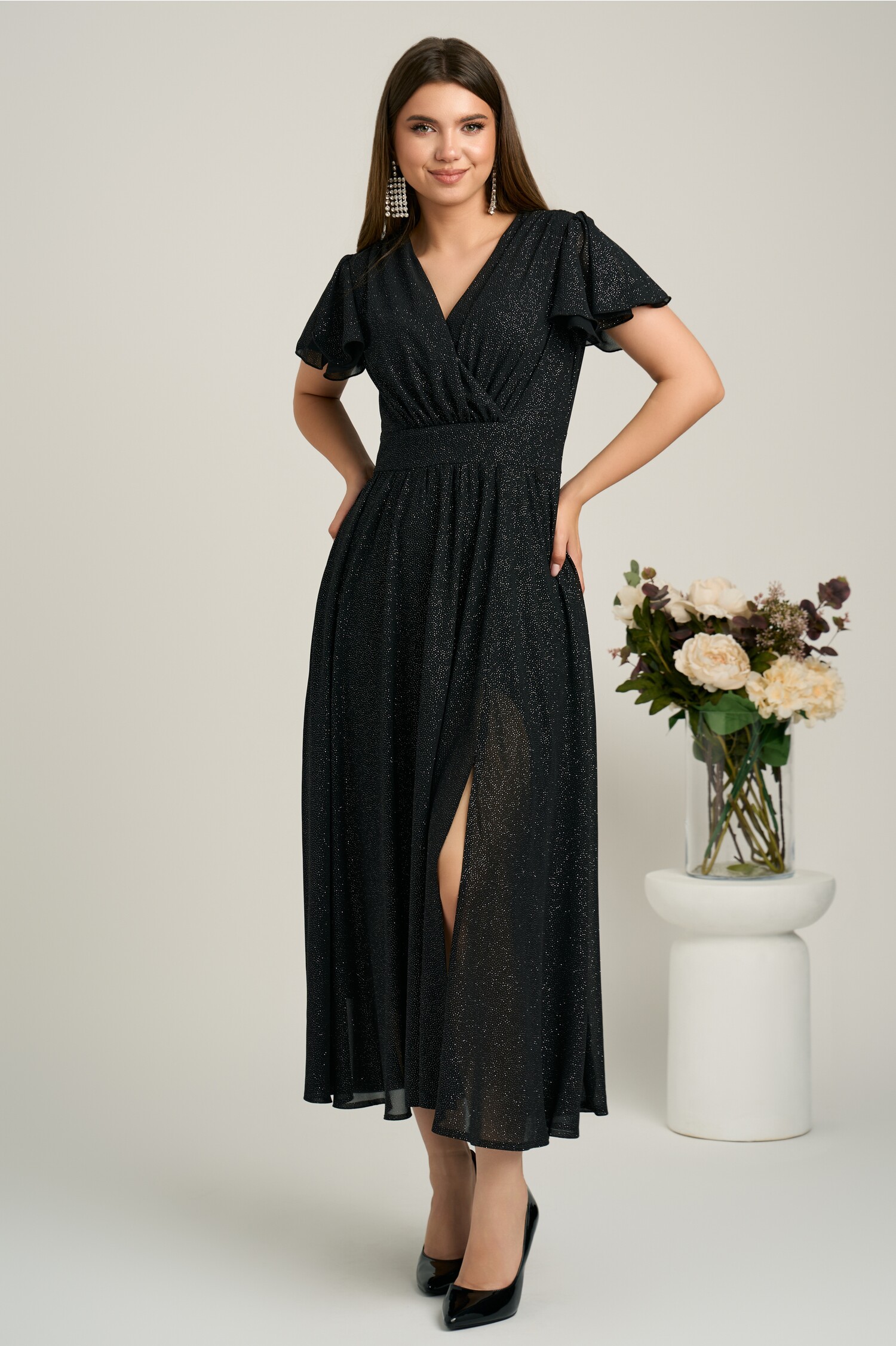 Rochie lunga neagra din voal in clos cu glitter- Moze