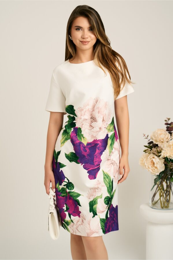 Rochie midi alba cu flori mov din stofa cu croi drept
