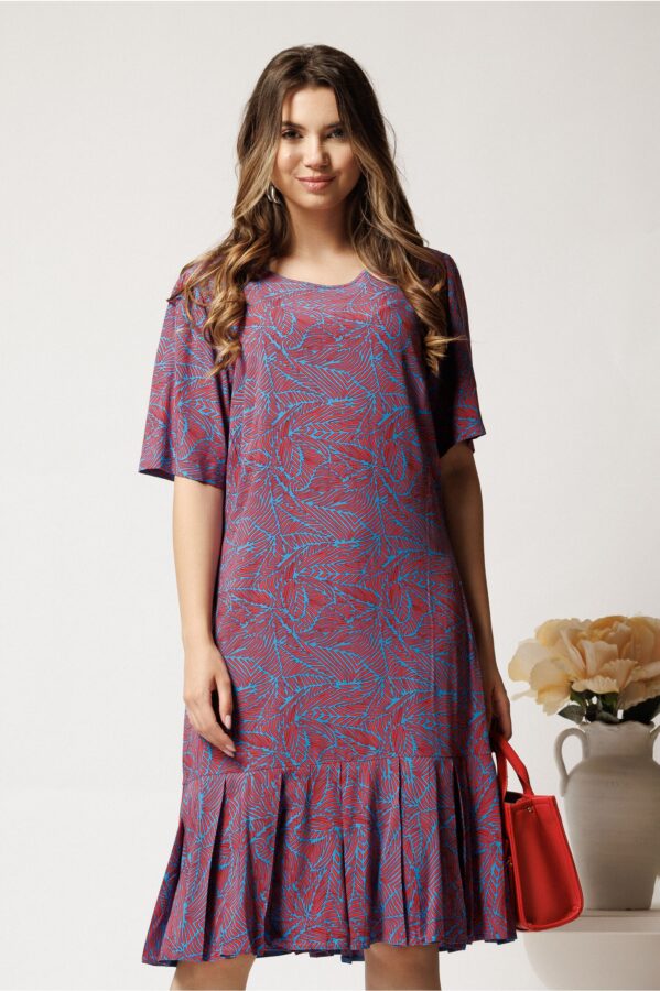 Rochie midi albastra din viscoza cu croi drept si imprimeu corai