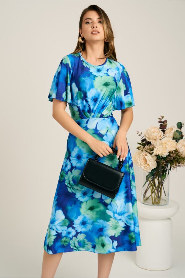 Rochie midi albastra din viscoza in clos cu flori verzi