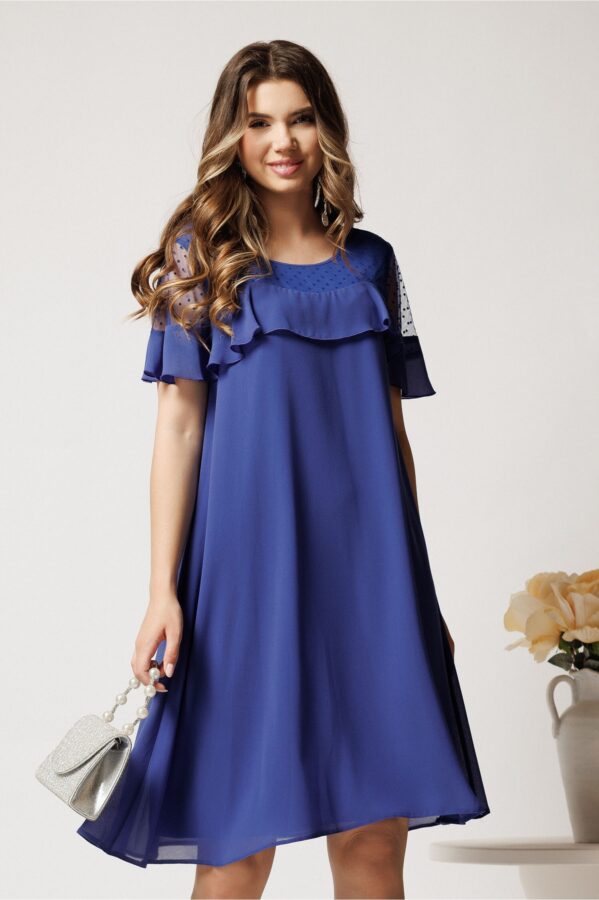 Rochie midi albastra din voal tip A cu tull si buline catifelate la bust
