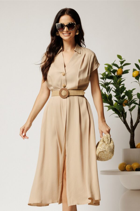 Rochie midi bej din tencel in clos cu nasturi si curea impletita