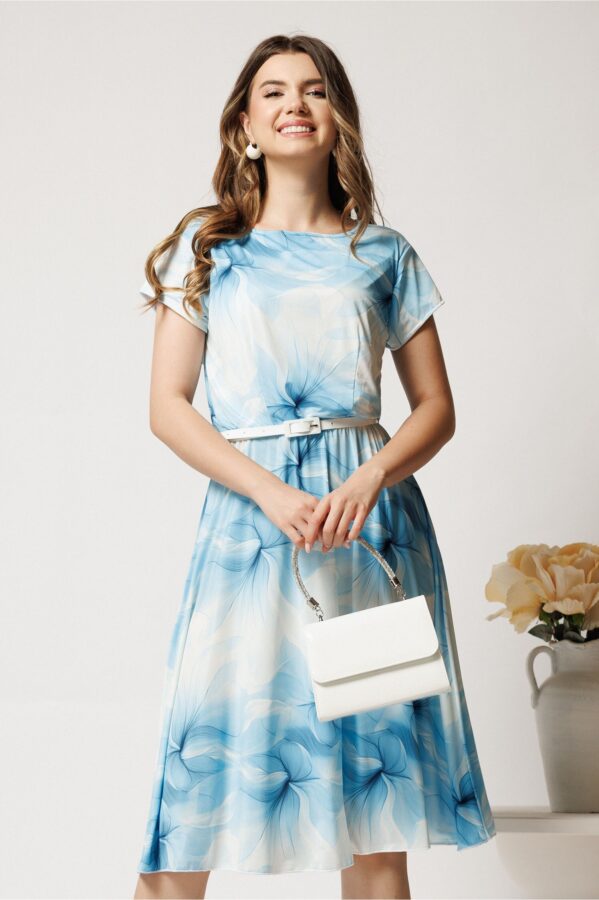 Rochie midi bleu cu imprimeu alb din lycra in clos