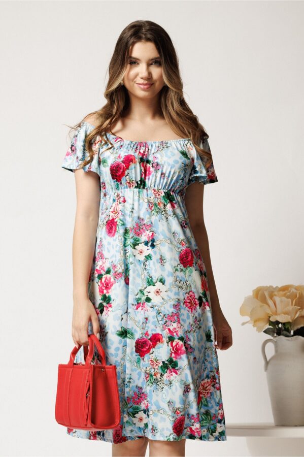 Rochie midi bleu din lycra cu trandafiri roz