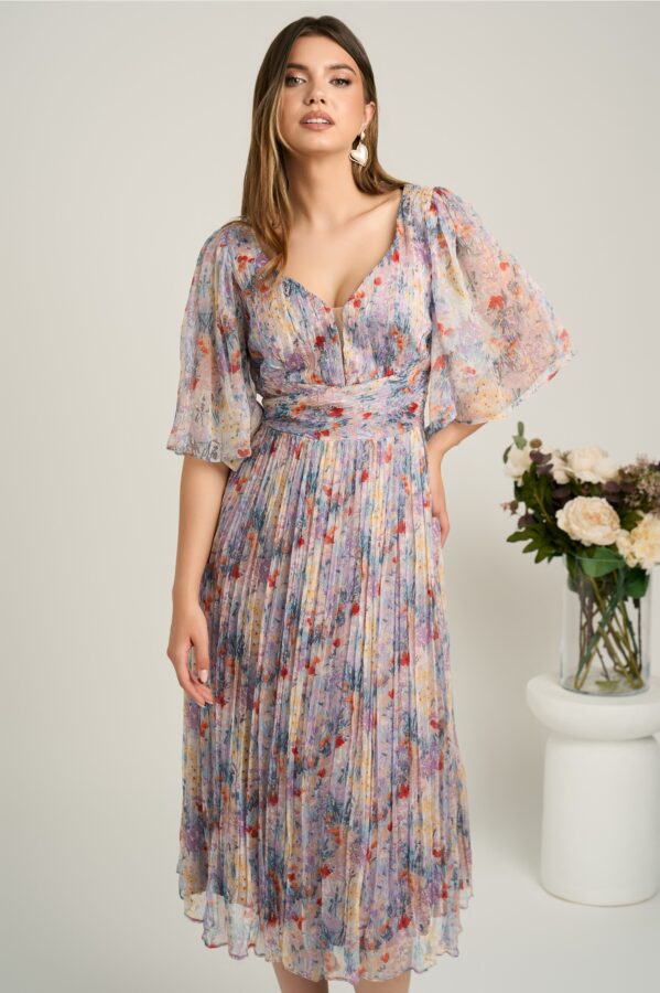 Rochie midi bleu din matase naturala cu imprimeuri florale lila- Viada