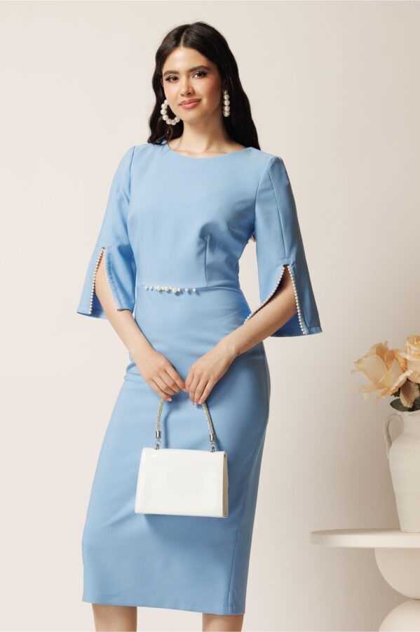 Rochie midi bleu din stofa conica cu perle la maneci si in talie- LaDonna