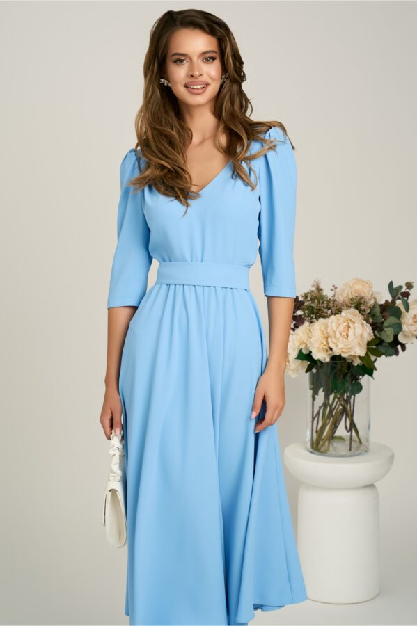 Rochie midi bleu din triplu voal in clos cu cordon in talie