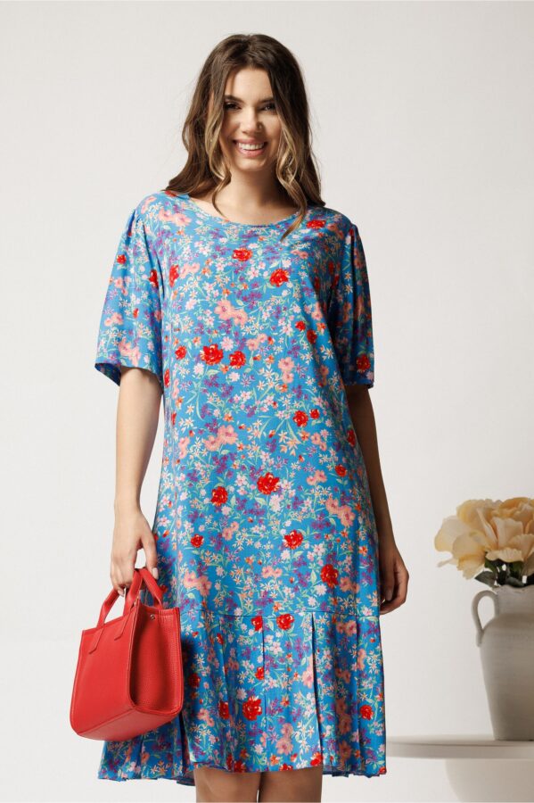 Rochie midi bleu din viscoza cu croi drept si flori roz