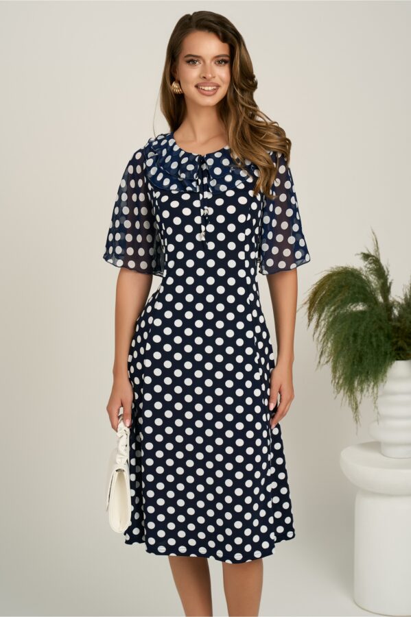 Rochie midi bleumarin din lycra in clini cu buline albe