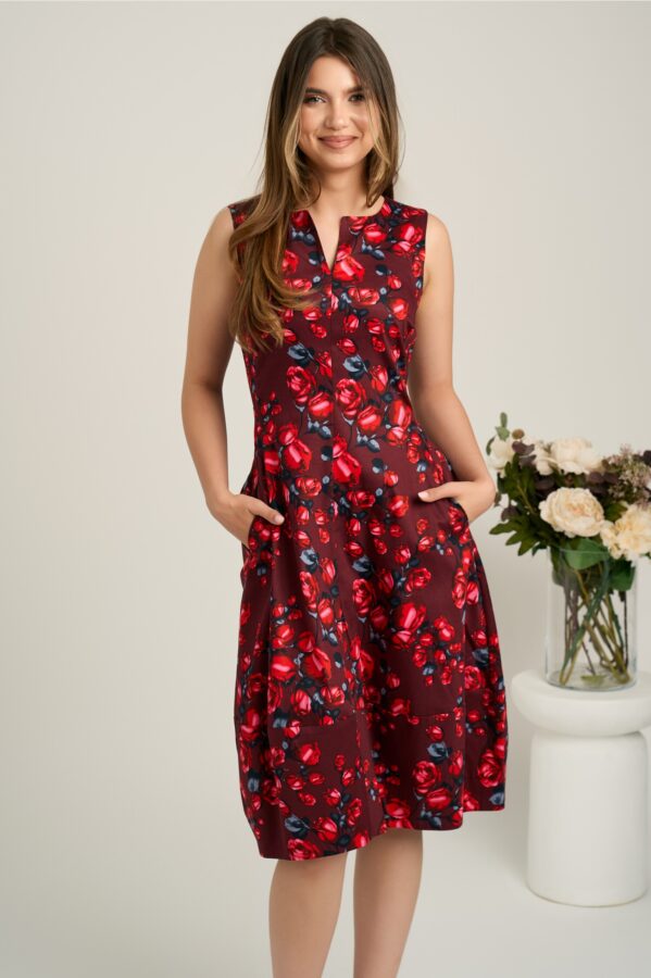 Rochie midi bordo din bumbac in clini cu trandafiri rosii