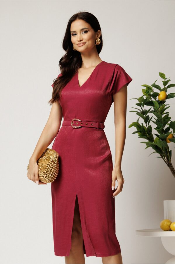 Rochie midi bordo din viscoza cu aspect sidefat si curea in talie