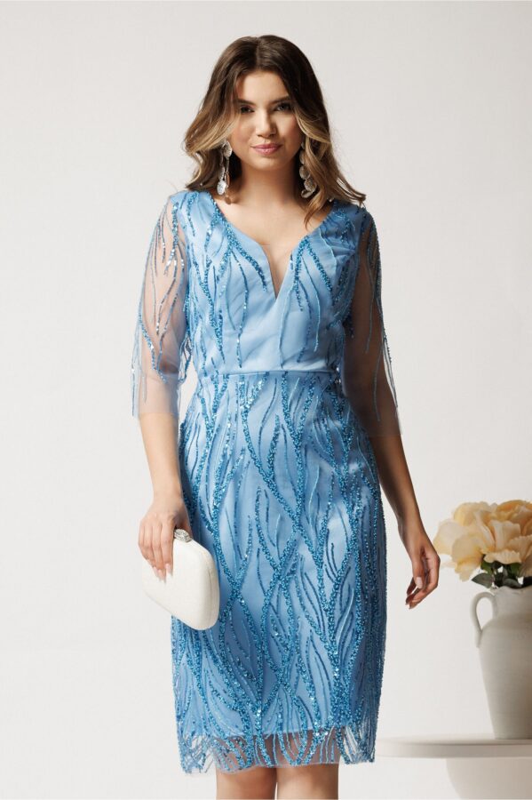 Rochie midi conica bleu din tull cu paiete- Ella Collection Ingrid