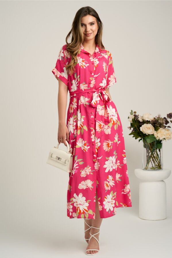 Rochie midi fucsia cu flori albe din viscoza in clini cu nasturi si cordon in talie
