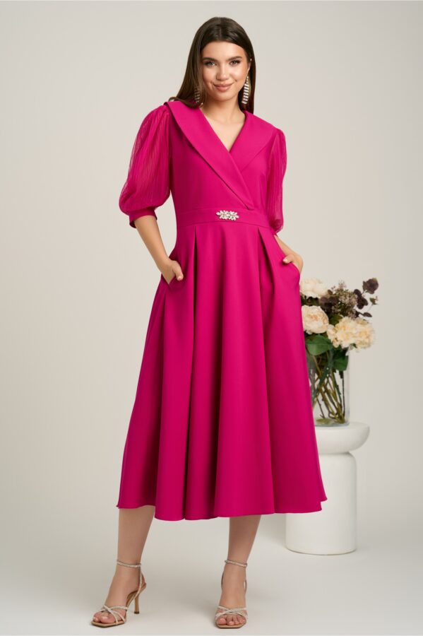 Rochie midi fucsia din stofa clos cu maneci din voal- LaDonna