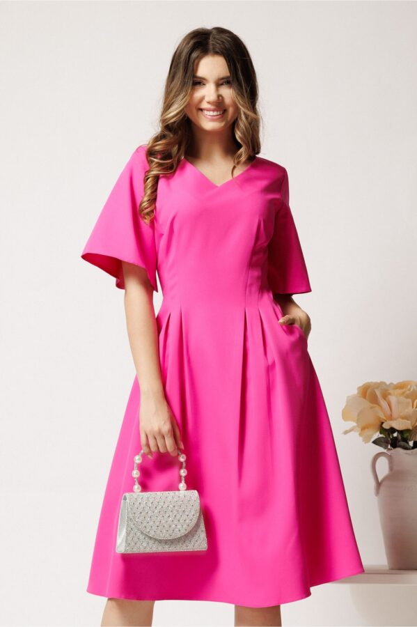 Rochie midi fucsia din stofa in clini cu pliuri si buzunare