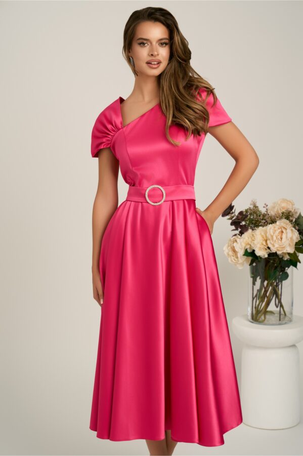 Rochie midi fucsia din tafta subtire in clos cu cordon in talie