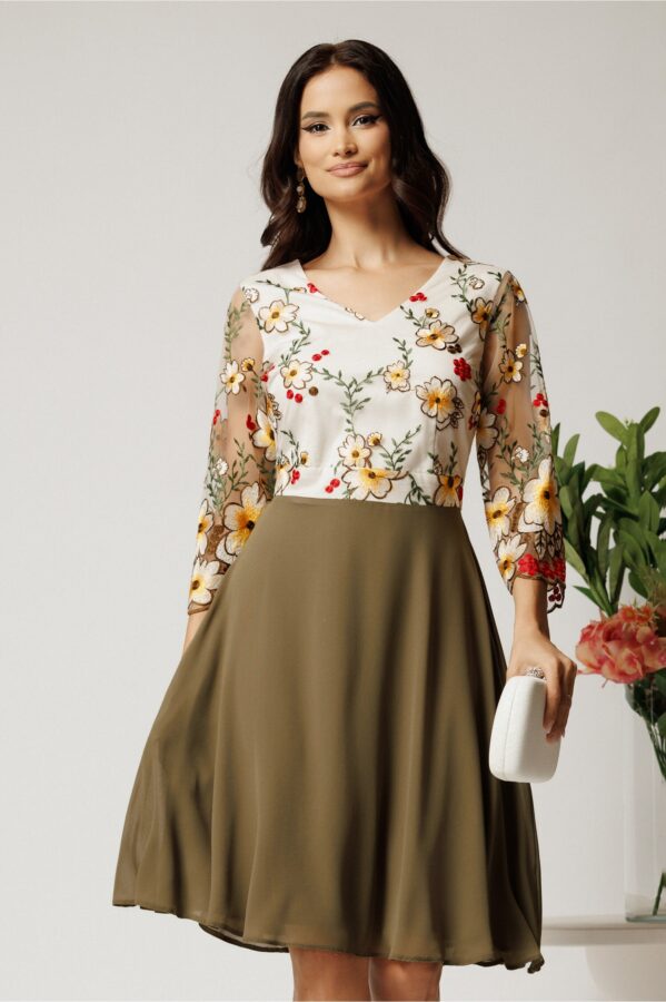 Rochie midi kaki cu fusta in clos din voal si dantela florala la bust