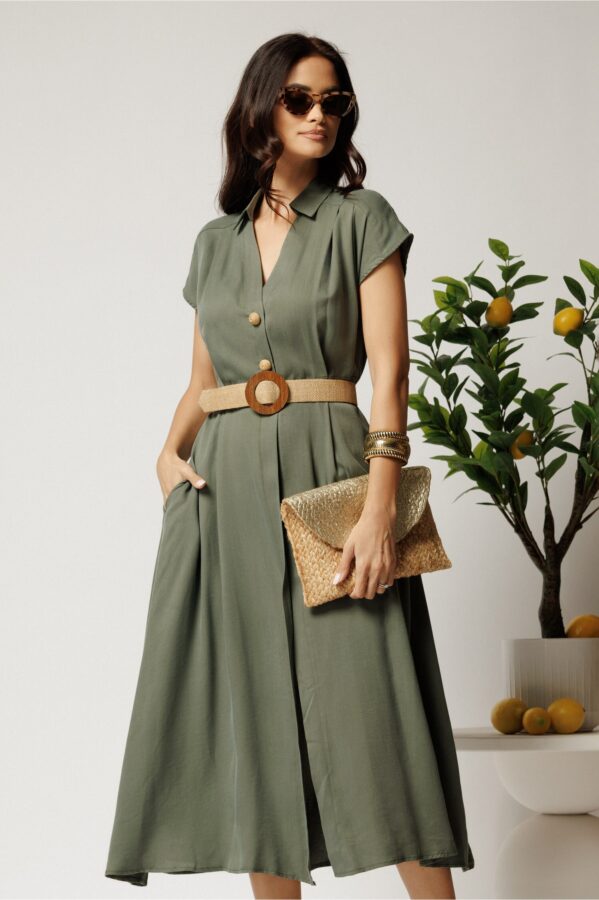 Rochie midi kaki din tencel in clos cu nasturi si curea impletita