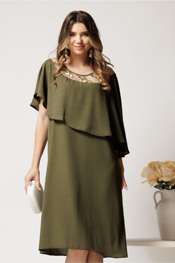 Rochie midi kaki din voal dreapta cu volan si broderie pe bust