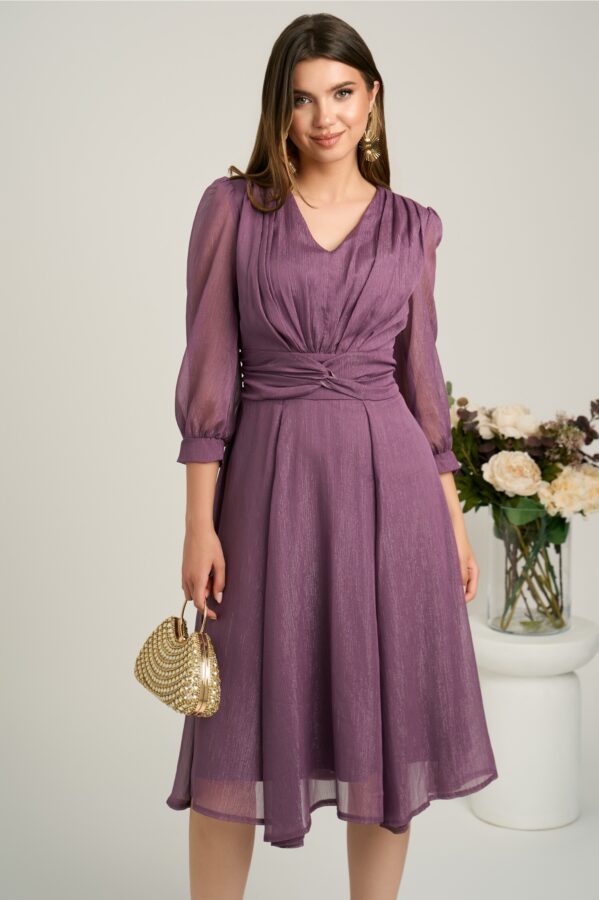 Rochie midi lila in clos din voal cu fir lurex- Ella Collection Gina