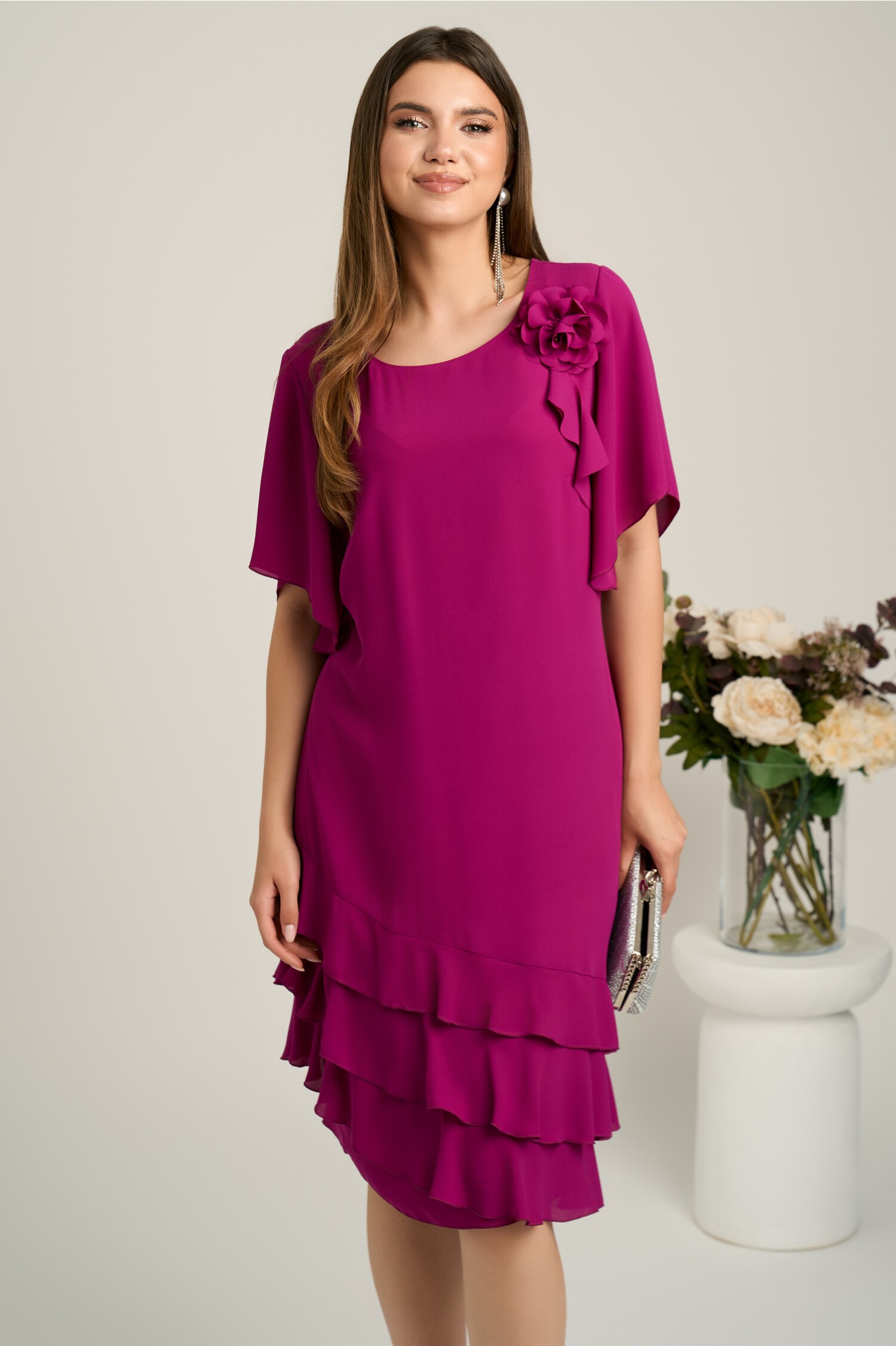 Rochie midi magenta din voal cu croi drept si volane la baza- Viada