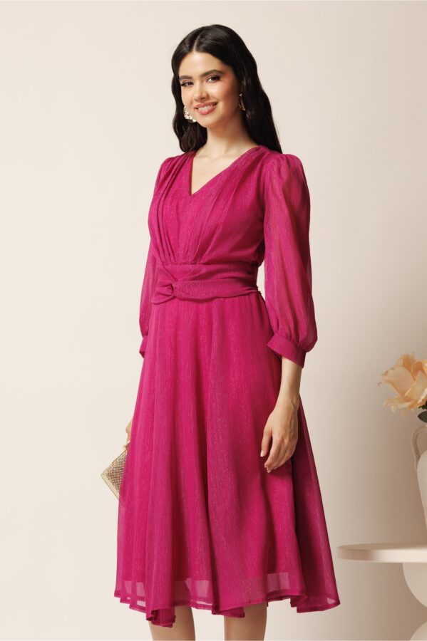 Rochie midi magenta in clos din voal cu fir lurex- Ella Collection Gina