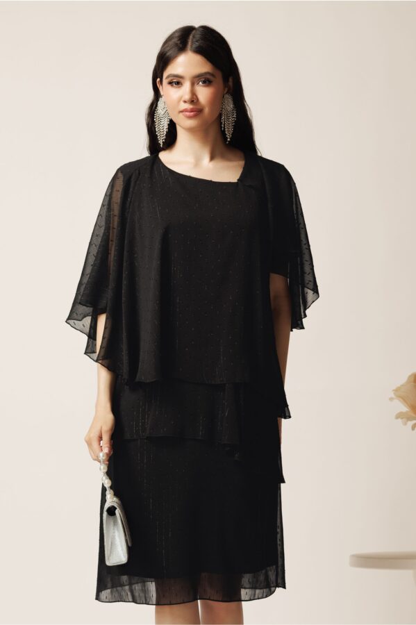 Rochie midi neagra din voal cu capa si croi drept