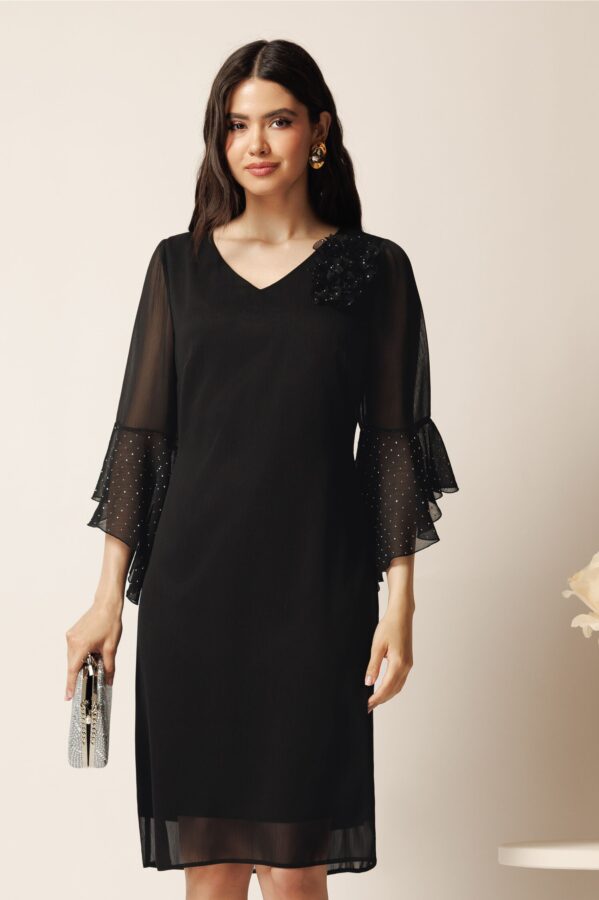 Rochie midi neagra din voal cu croi drept si strasuri pe maneci- Viada