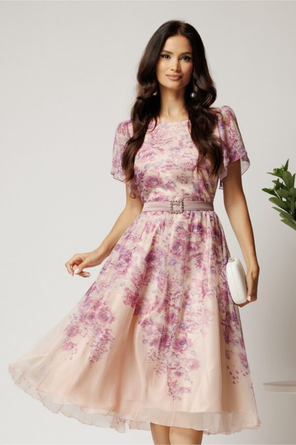 Rochie midi roz din voal in clos cu imprimeu floral si cordon in talie- Viada