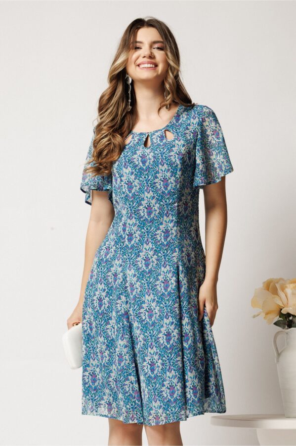 Rochie midi turcoaz cu mov din voal in clin cu fir lurex si decupaje la decolteu