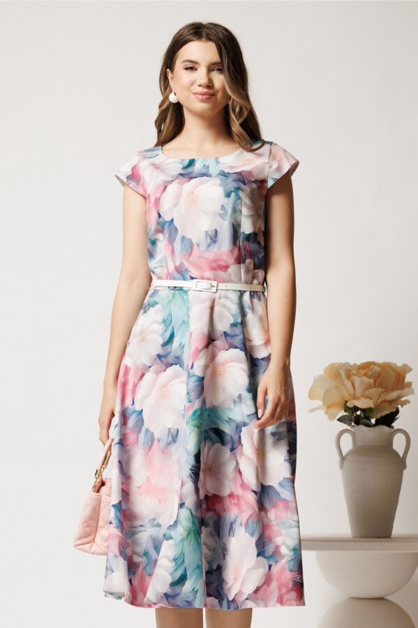 Rochie midi turcoaz cu roz in clos cu buzunare si curea in talie