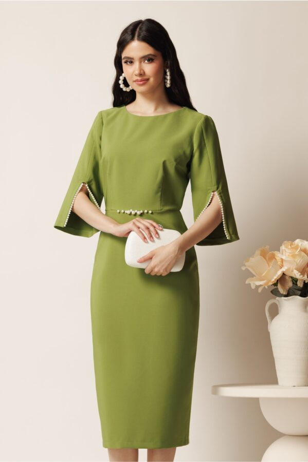 Rochie midi verde fistic din stofa conica cu perle la maneci si in talie- LaDonna