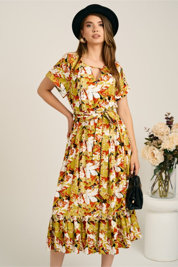 Rochie midi verde lime din viscoza in clos cu imprimeu maro si cordon in talie