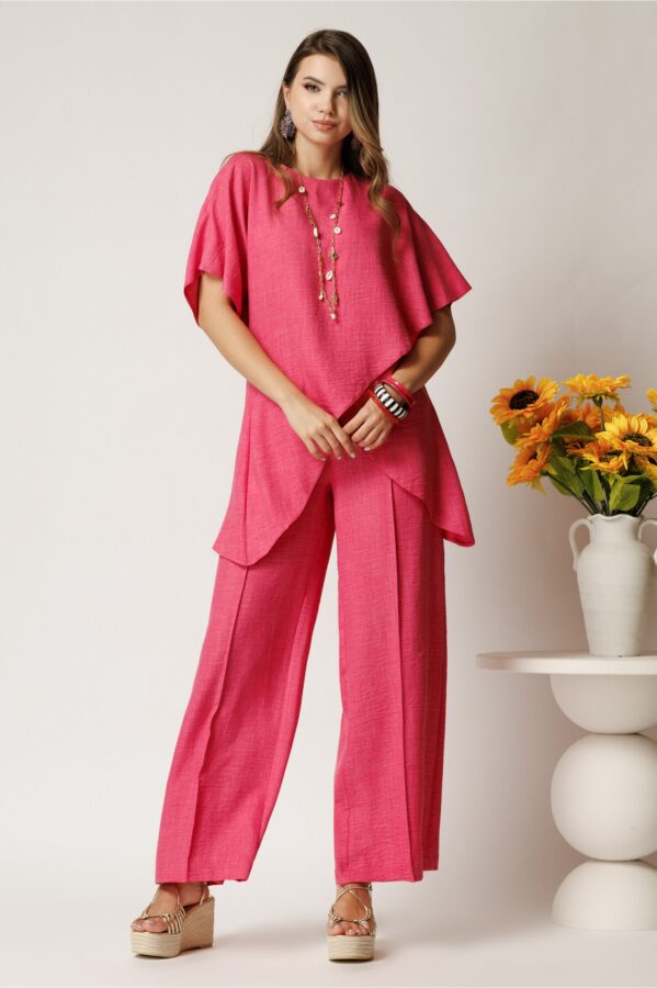 Pantaloni fucsia din rayon cu croi lejer si elastic in talie