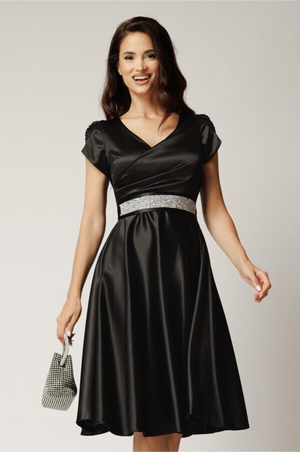 Rochie Amira midi neagra din tafta cu paiete pe maneci si cordon in talie