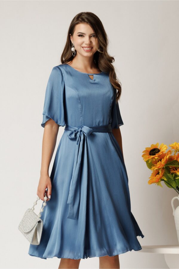 Rochie Celine midi albastra din voal satinat in clos cu cordon in talie