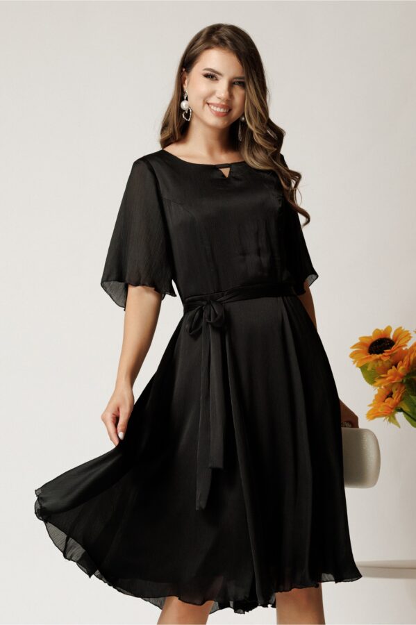 Rochie Celine midi neagra din voal satinat in clos cu cordon in talie