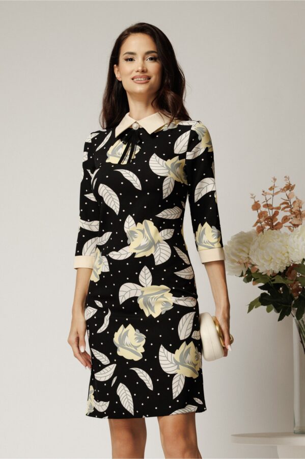 Rochie DY Fashion din stofa neagra cu imprimeu si guler ivory