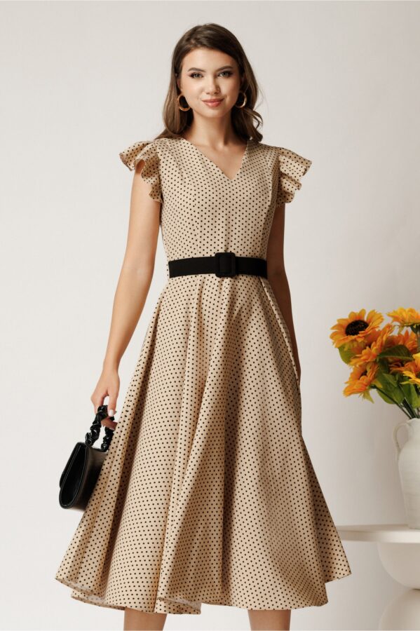 Rochie DY Fashion midi bej din stofa in clos cu buline si curea in talie