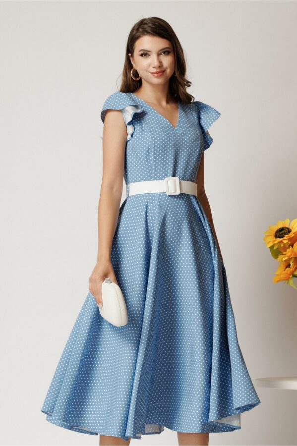 Rochie DY Fashion midi bleu din stofa in clos cu buline si curea in talie