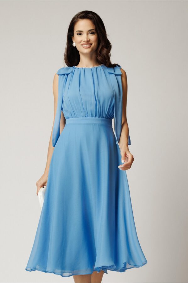 Rochie DY Fashion midi bleu din voal in clos cu funde la umeri