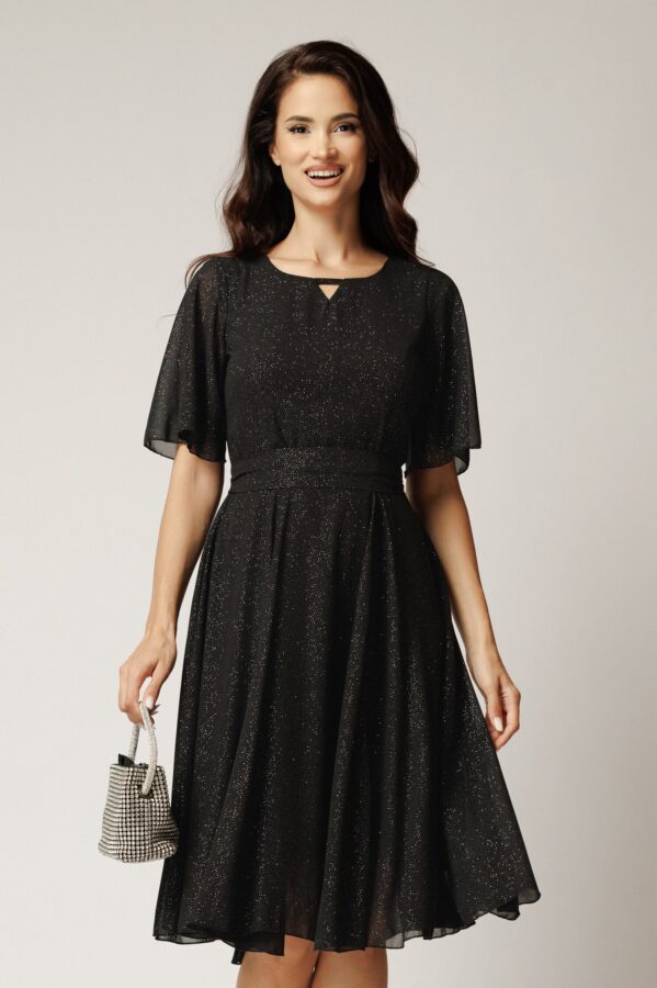 Rochie DY Fashion midi neagra din voal in clos cu glitter si cordon in talie
