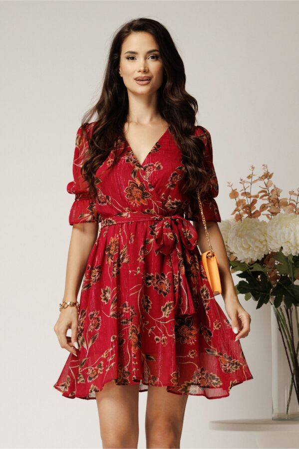 Rochie DY Fashion scurta magenta din voal cu imprimeu floral si fir lurex