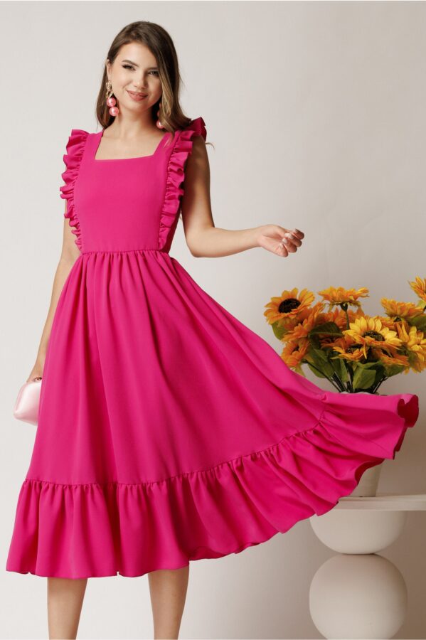 Rochie Lauren midi fucsia din triplu voal cu volane si spatele gol