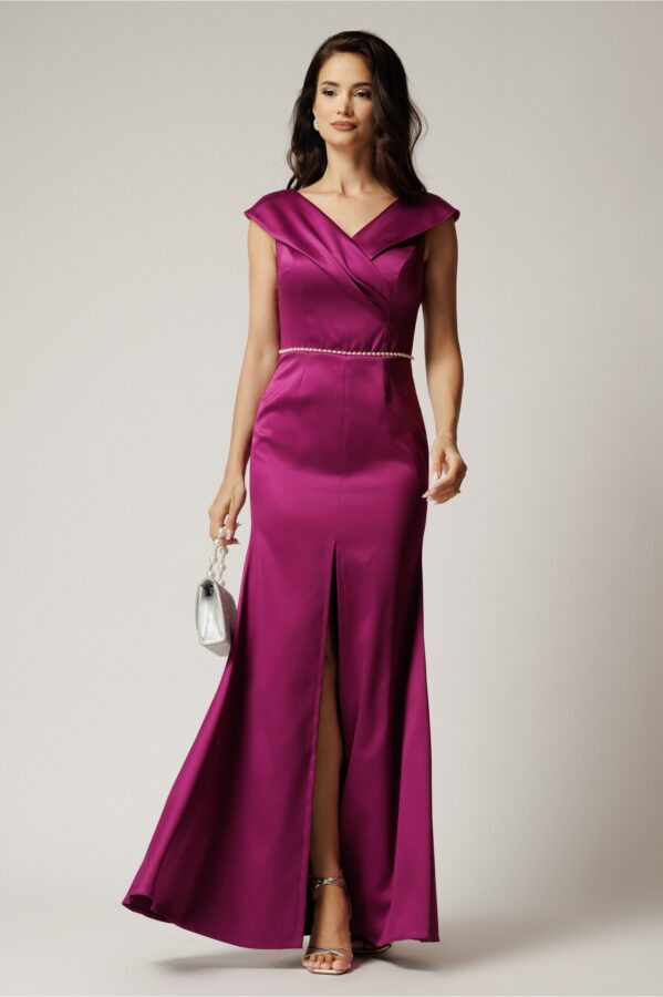 Rochie lunga magenta din tafta cu perle in talie si crapatura pe picior